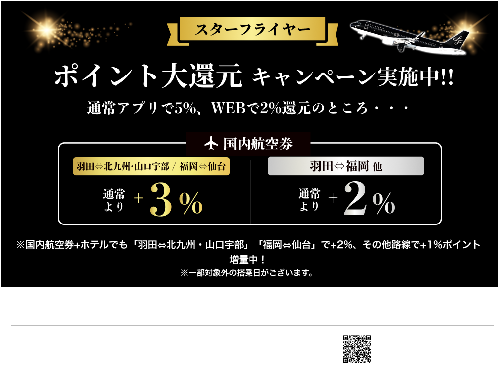 期間中、スターフライヤーなら2026/3/31までの搭乗分が通常の還元率より羽田=北九州・山口宇部で+3%、その他路線で+2%還元！国内航空券＋ホテルでもポイント還元中！