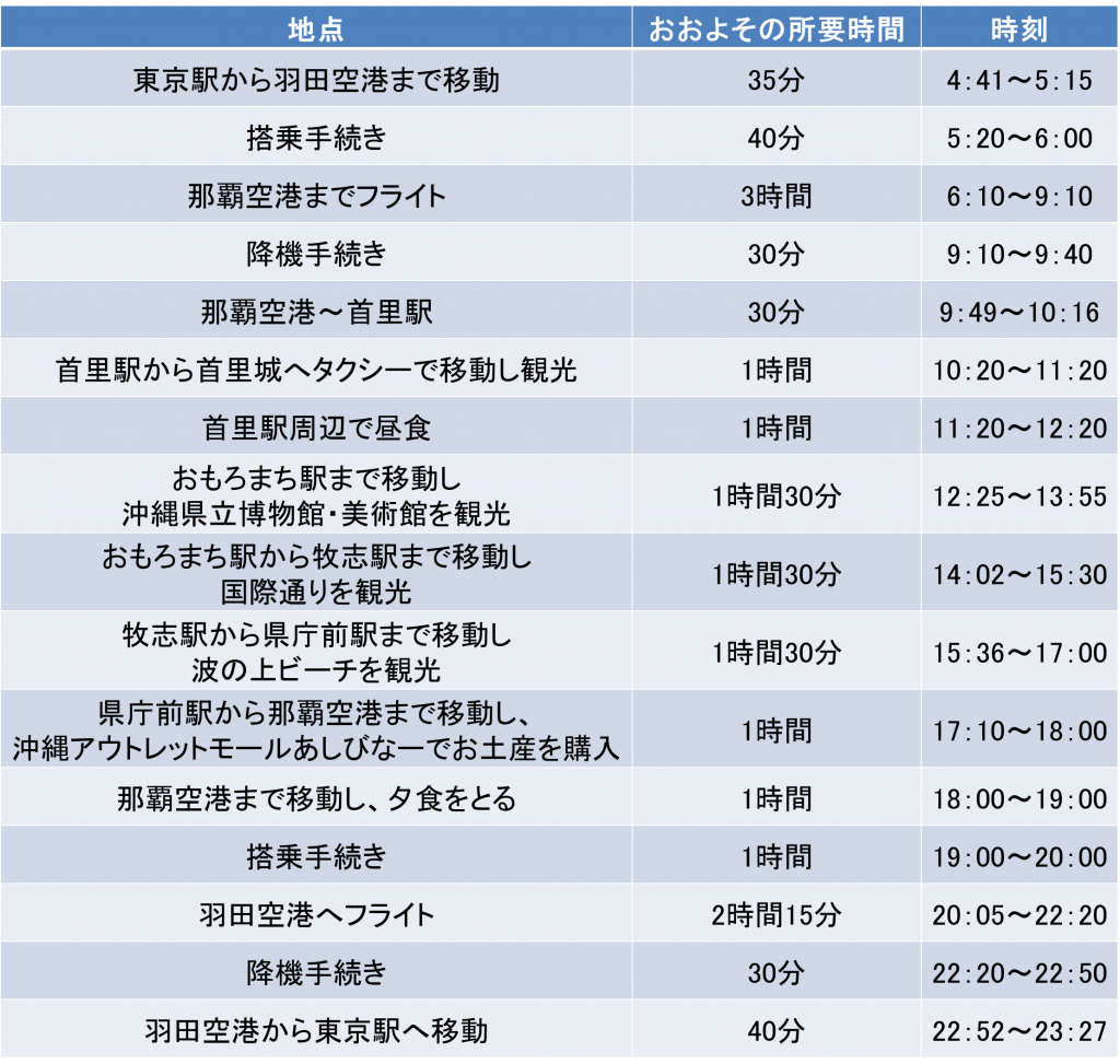 東京－沖縄間の日帰り旅行スケジュール例