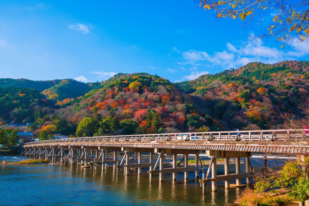 嵐山の美しい渡月橋と桂川の風景