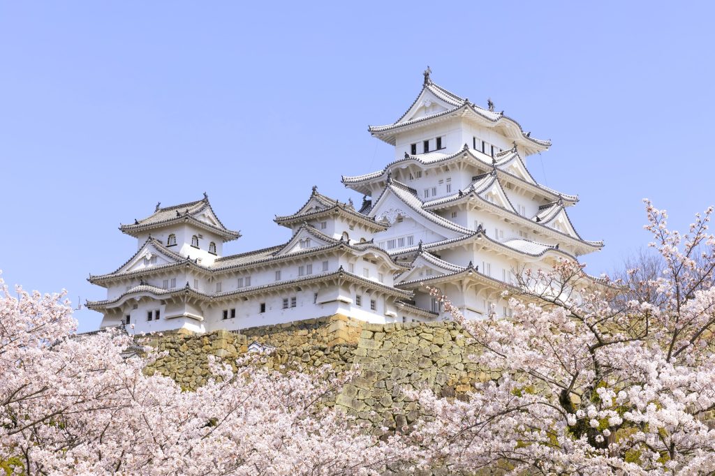 桜と青空に映える白鷺城こと姫路城の大天守