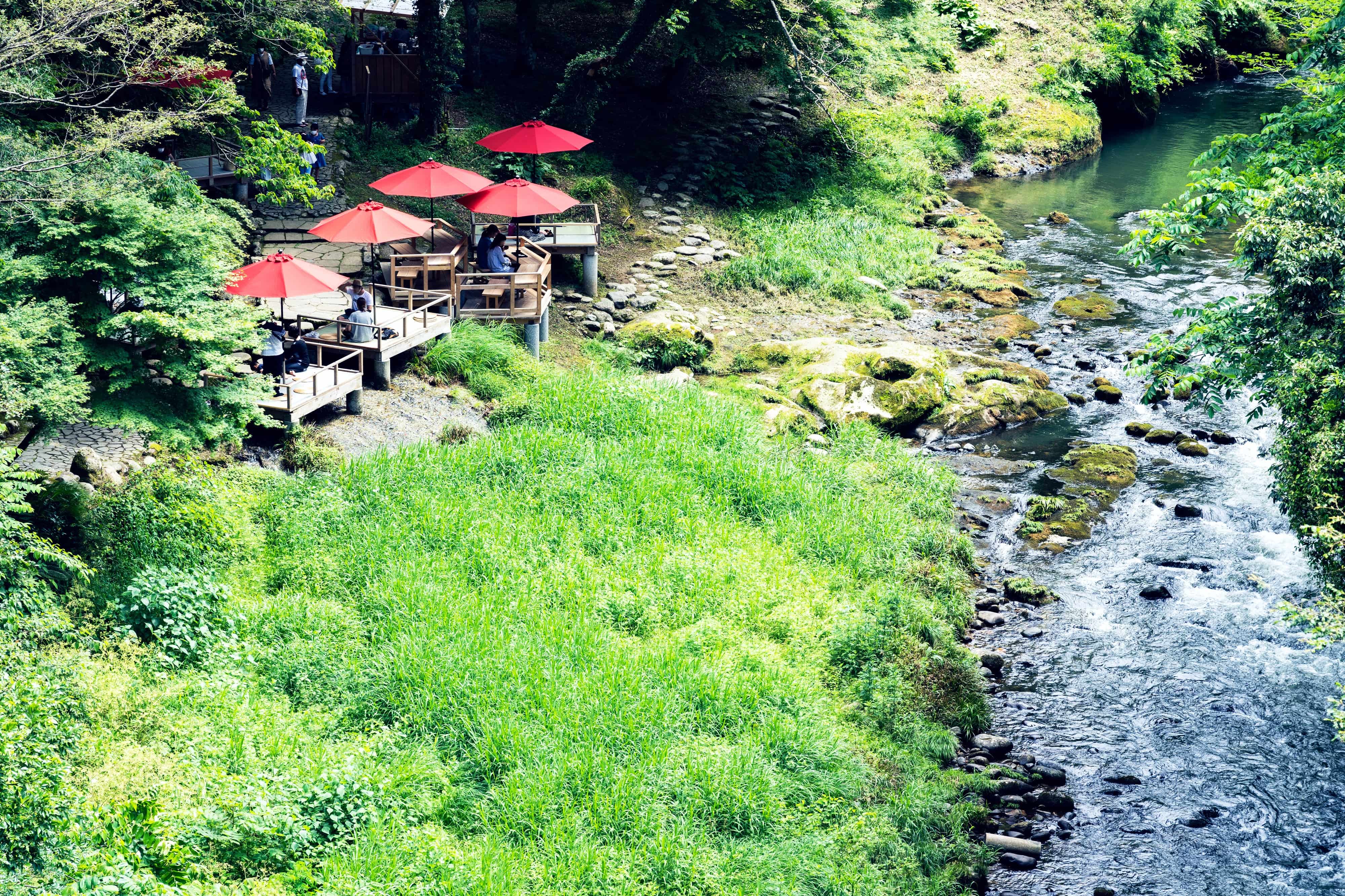 新緑の鶴仙渓・観光名所の川床